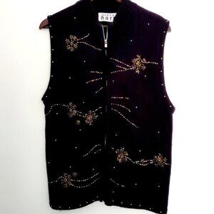Keren Hart Women 1X Black Golden Beaded Snowflake Zip-up Christmas Sweater Vest